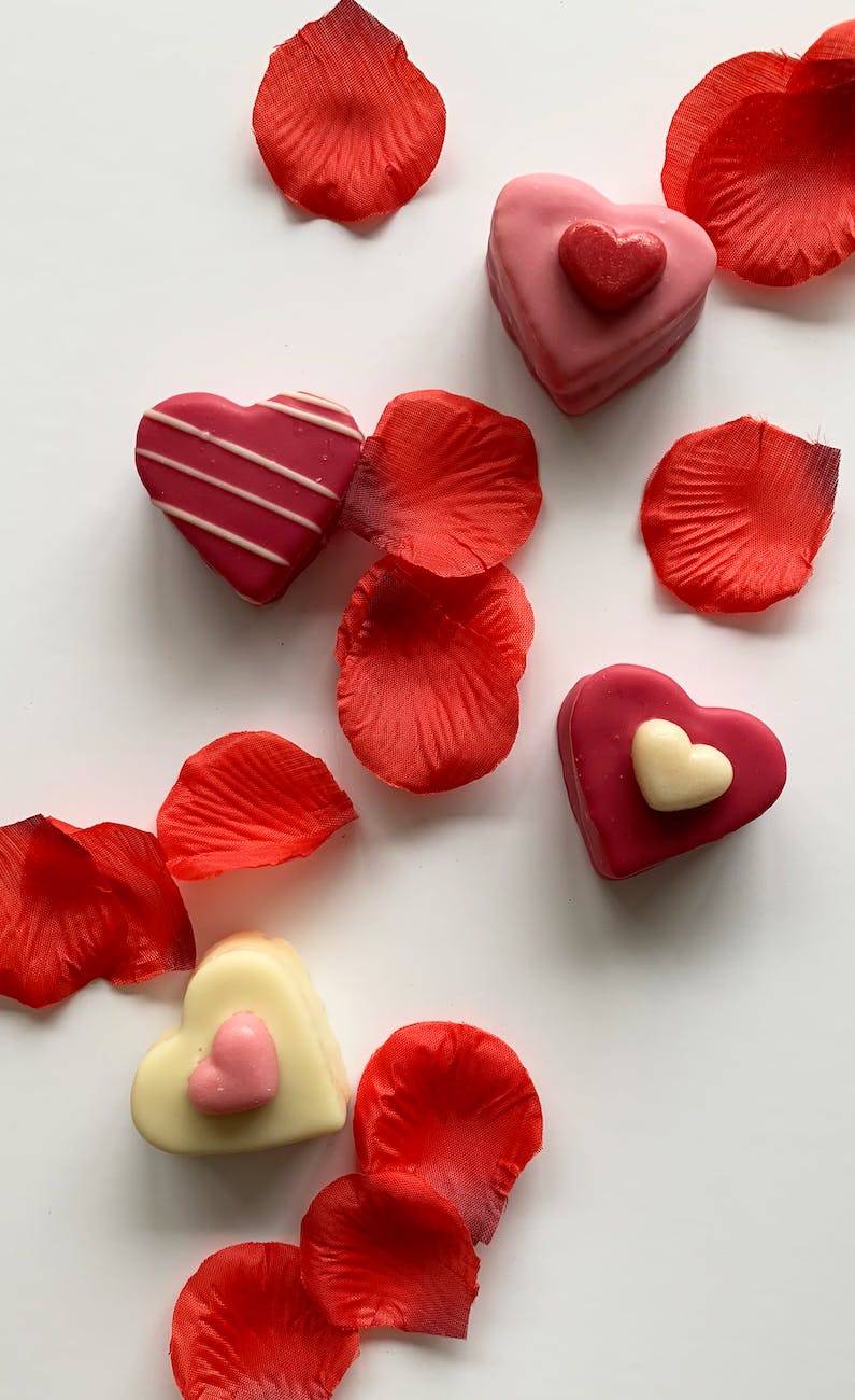 heart shaped chocolates and red petals on white background